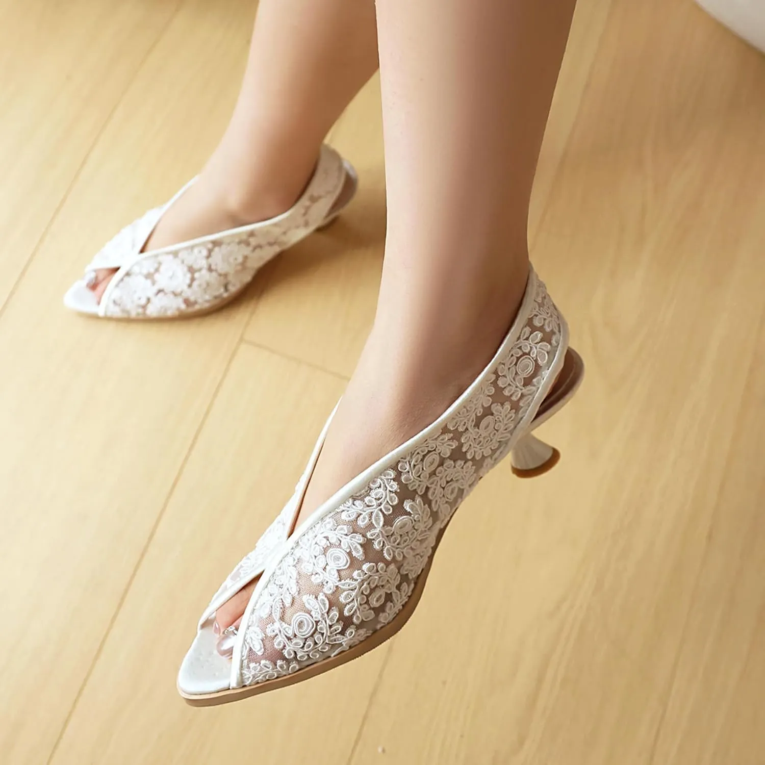 Gicoiz Bride Wedding Low Kitten Heel Peep Toe Slingback Pumps