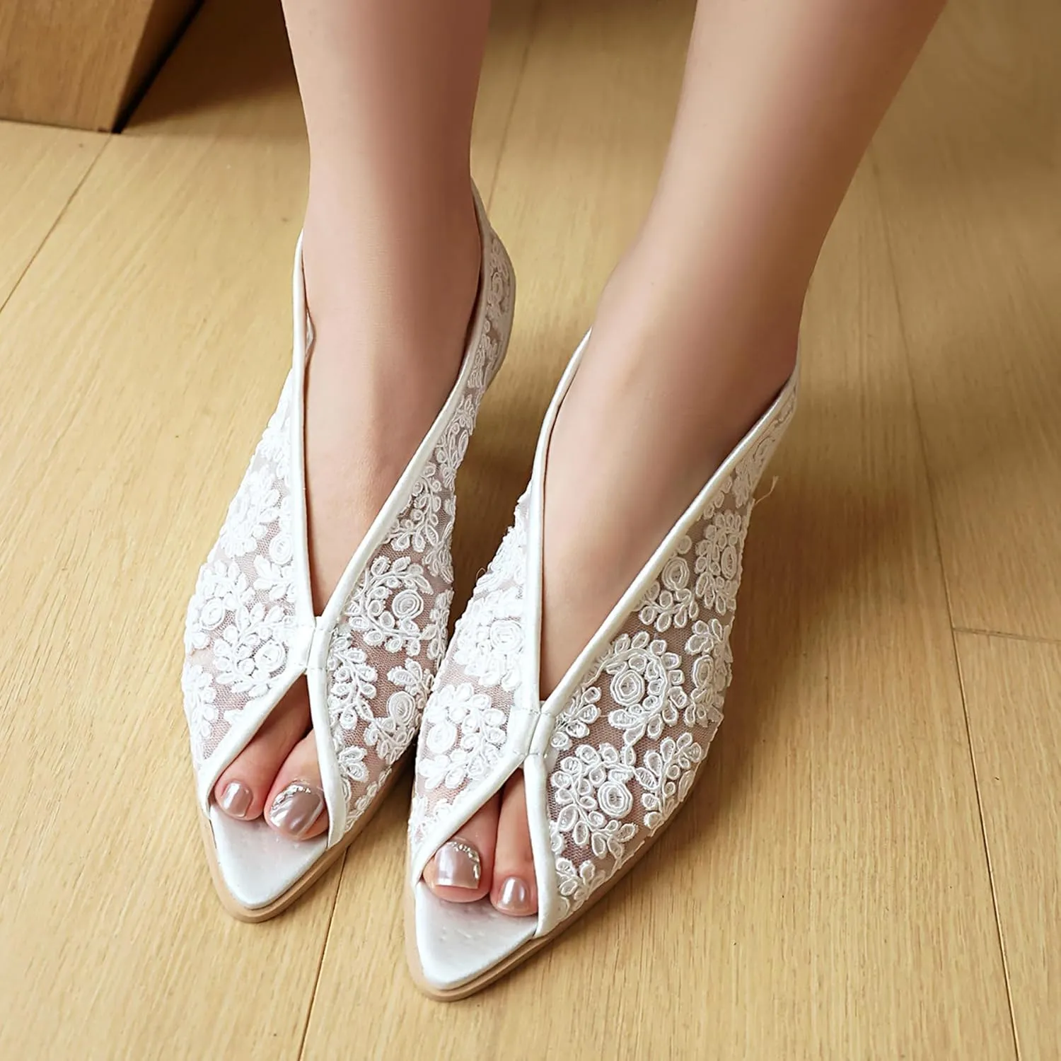 Gicoiz Bride Wedding Low Kitten Heel Peep Toe Slingback Pumps