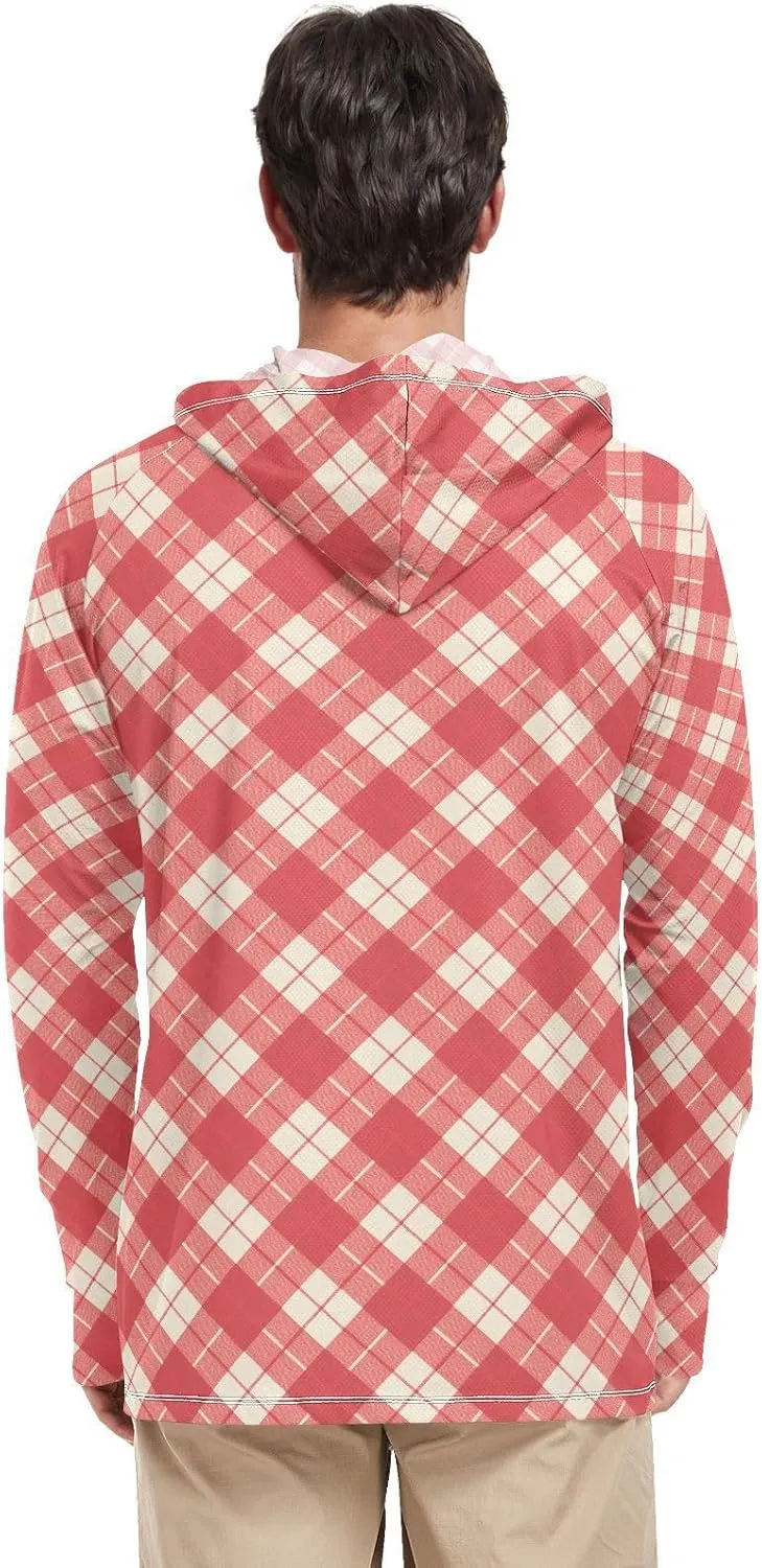 Gingham Plaid Red Mens Hoodie Sun Protection Long Sleeve UPF 50   Mens Sun Shirts Adult Rash Guards Rash Guard UV Shirts