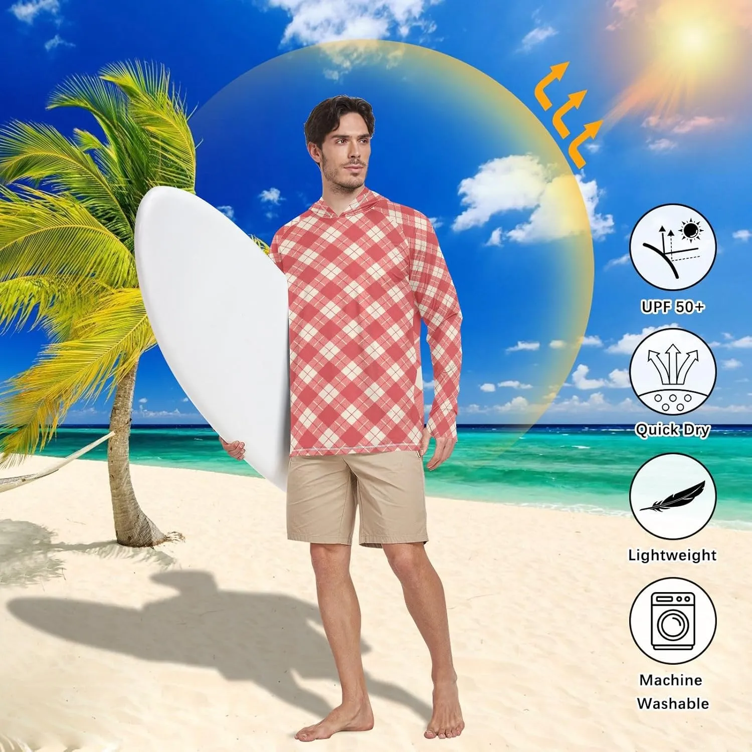 Gingham Plaid Red Mens Hoodie Sun Protection Long Sleeve UPF 50   Mens Sun Shirts Adult Rash Guards Rash Guard UV Shirts