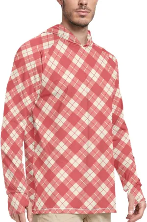 Gingham Plaid Red Mens Hoodie Sun Protection Long Sleeve UPF 50   Mens Sun Shirts Adult Rash Guards Rash Guard UV Shirts