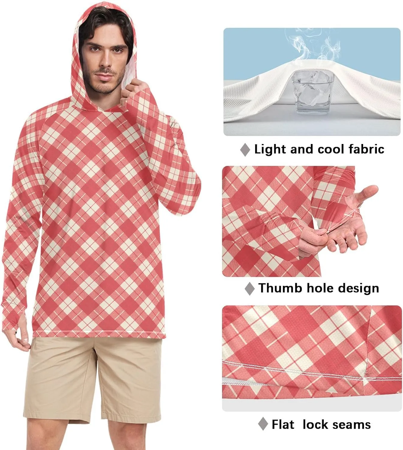 Gingham Plaid Red Mens Hoodie Sun Protection Long Sleeve UPF 50   Mens Sun Shirts Adult Rash Guards Rash Guard UV Shirts