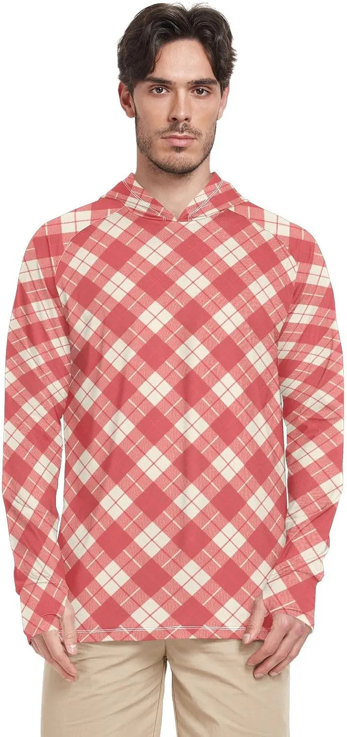 Gingham Plaid Red Mens Hoodie Sun Protection Long Sleeve UPF 50   Mens Sun Shirts Adult Rash Guards Rash Guard UV Shirts
