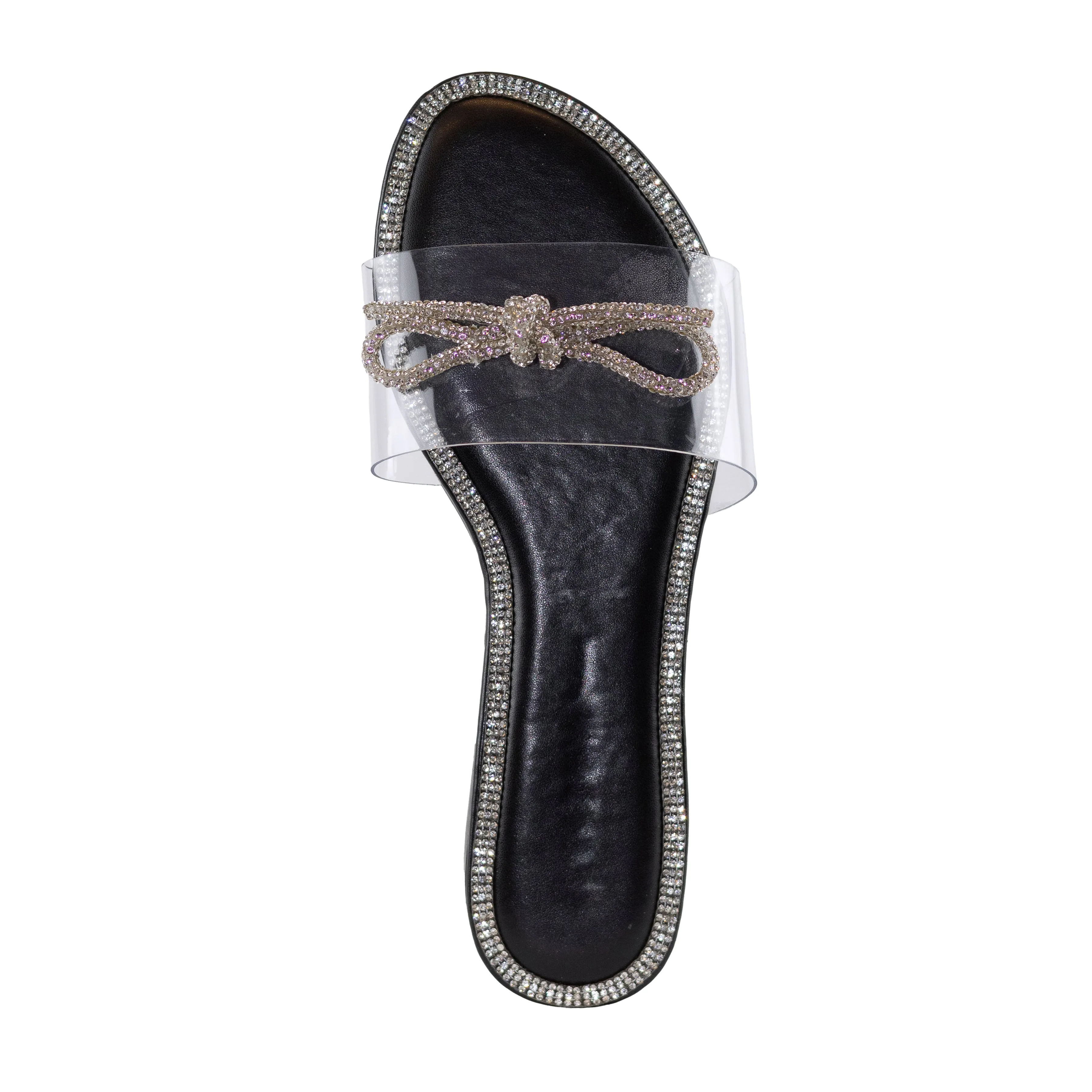 Glimmer - Rhinestone Embellished Flat Slip-On Sandals, Sparkly Bow & Edge Details, Glamorous Summer Footwear, Perfect for Casual or Dressy Occasions