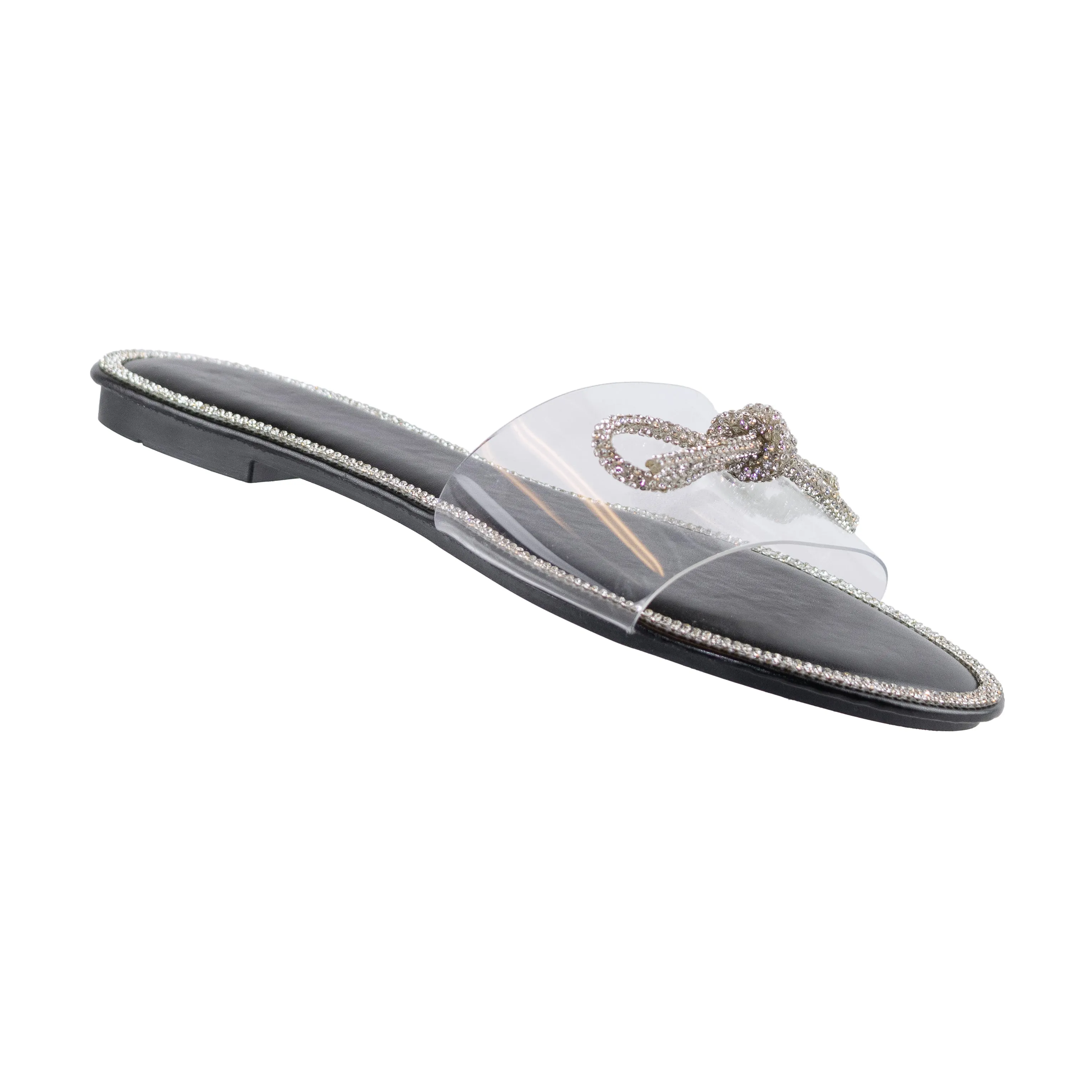 Glimmer - Rhinestone Embellished Flat Slip-On Sandals, Sparkly Bow & Edge Details, Glamorous Summer Footwear, Perfect for Casual or Dressy Occasions