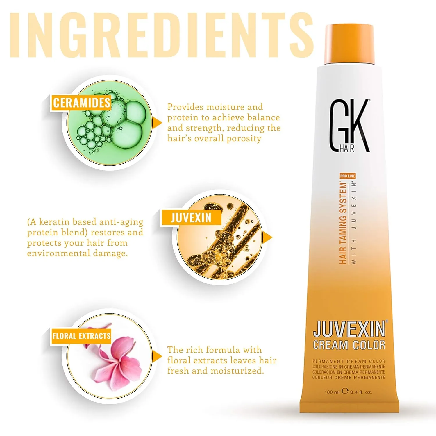 Global Keratin GK HAIR Professional Hair Color Cream Tube 3.4 Fl Oz Nourishing & Cleansing Colors for Styling High Performance Long Lasting Permanent Natural Toner Dye, Naturals - 7 Blonde