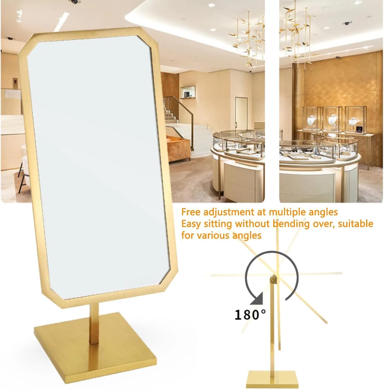 Gold Brushed Metal Makeup Mirror – HD 180° Swivel Countertop Vanity Mirror for Jewellery Store & Bedroom, Non-Slip BaseA,39 * 13 * 13CM