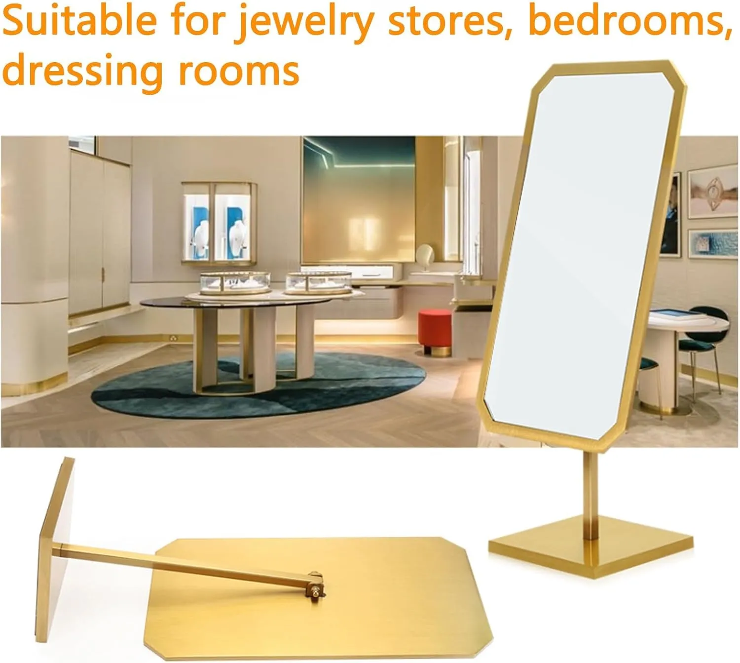 Gold Brushed Metal Makeup Mirror – HD 180° Swivel Countertop Vanity Mirror for Jewellery Store & Bedroom, Non-Slip BaseA,39 * 13 * 13CM
