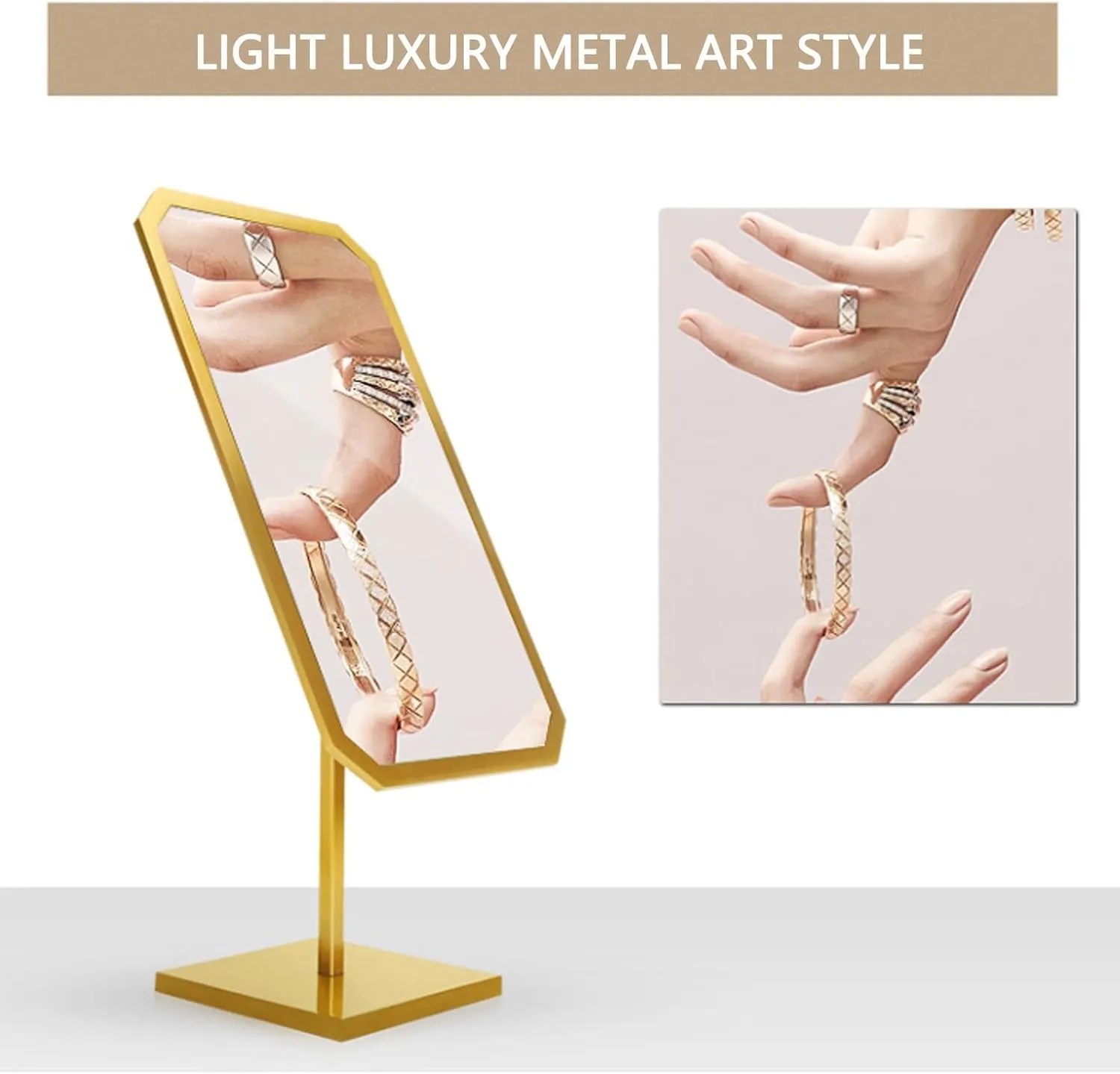 Gold Brushed Metal Makeup Mirror – HD 180° Swivel Countertop Vanity Mirror for Jewellery Store & Bedroom, Non-Slip BaseA,39 * 13 * 13CM
