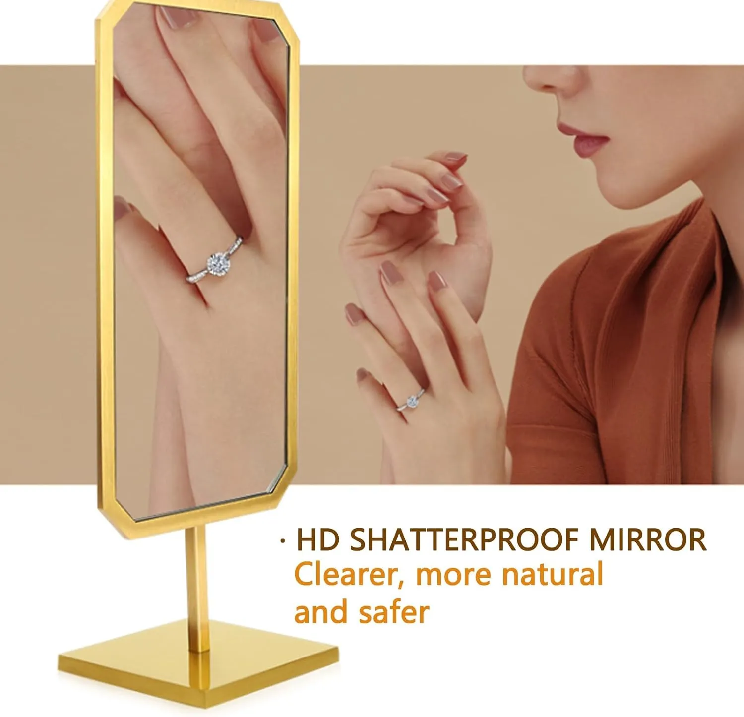 Gold Brushed Metal Makeup Mirror – HD 180° Swivel Countertop Vanity Mirror for Jewellery Store & Bedroom, Non-Slip BaseA,39 * 13 * 13CM