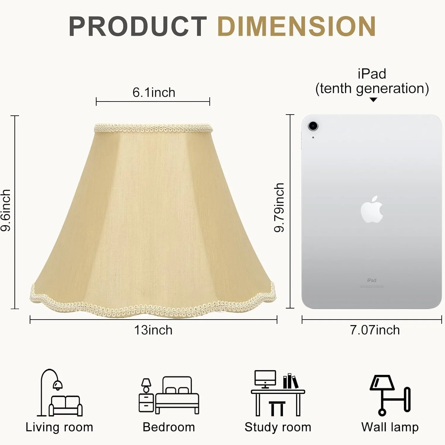 Gold Scalloepd Lamp Shades Set of 2, 6.1"Top x 13"Bottom x 9.8"High, Bell Lamp Shades for Floor Lamps Table Lamps, Medium Lampshade with Petal Edge Braid, Spider, Harp Holders Included, Easy Assembly