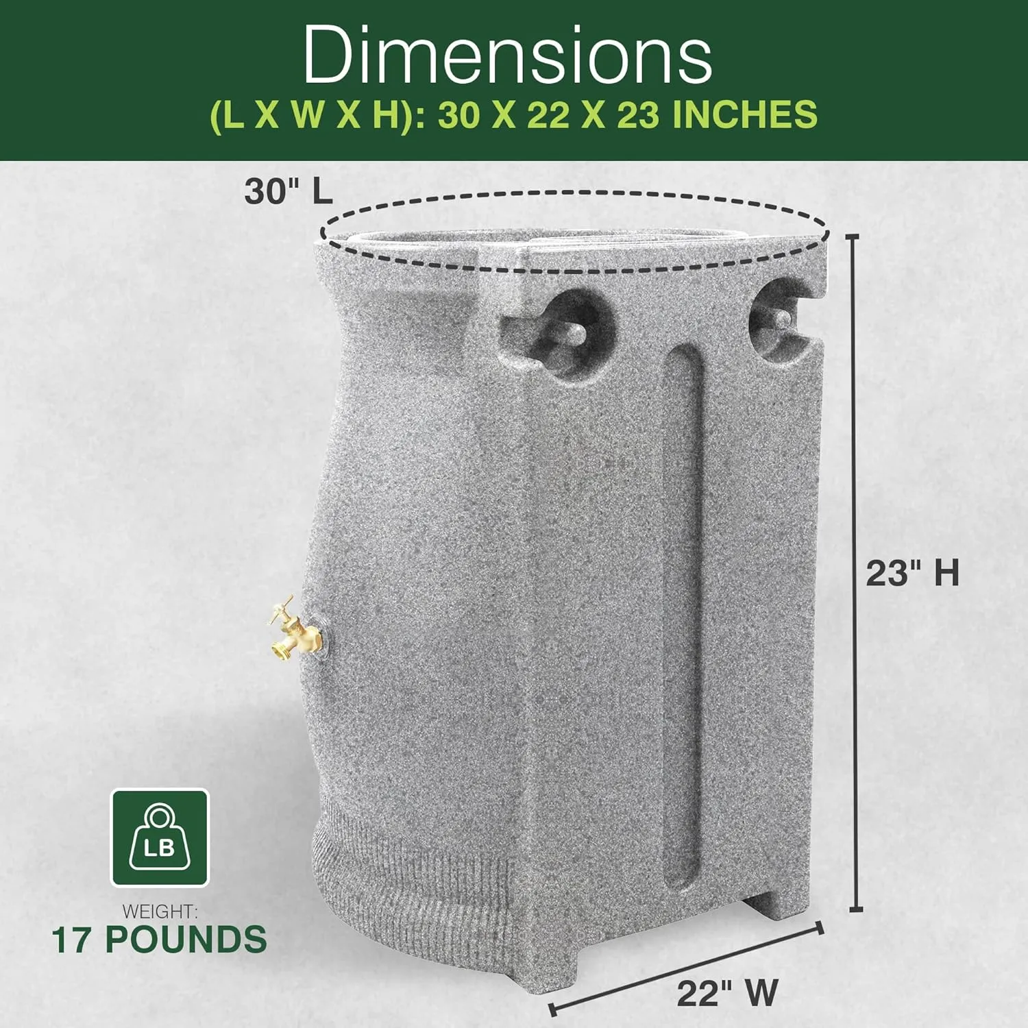 Good Ideas Rain Saver 50 Gallon Urn Shaped Water Storage Barrel with Planter and 2 Metal Spigots, Light Granite