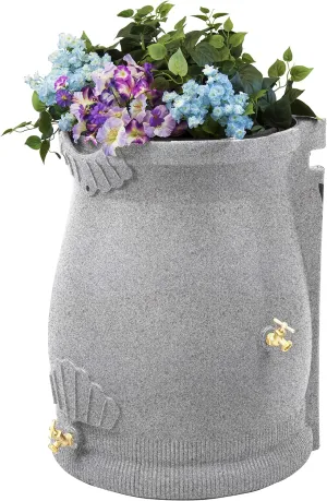 Good Ideas Rain Saver 50 Gallon Urn Shaped Water Storage Barrel with Planter and 2 Metal Spigots, Light Granite