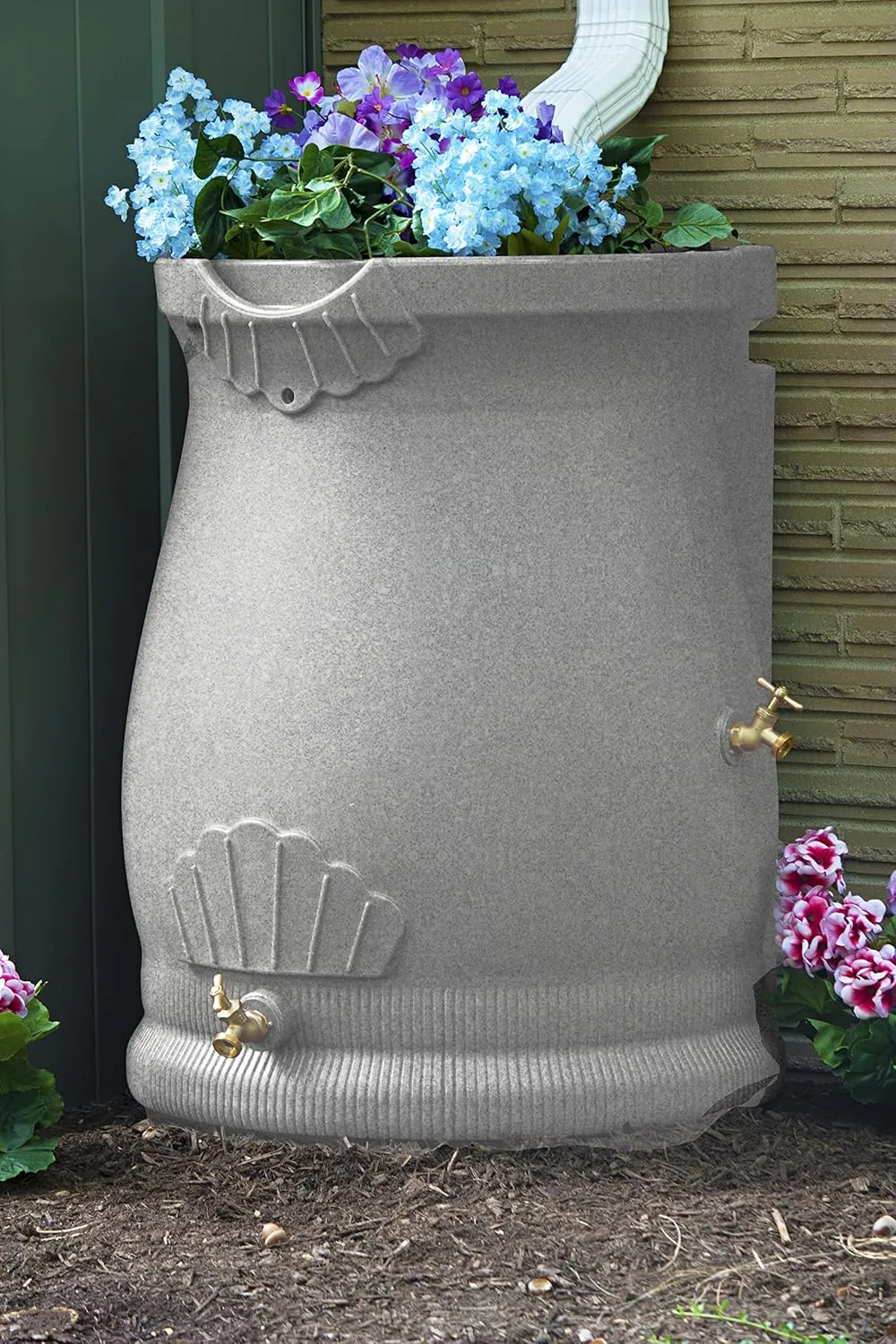 Good Ideas Rain Saver 50 Gallon Urn Shaped Water Storage Barrel with Planter and 2 Metal Spigots, Light Granite