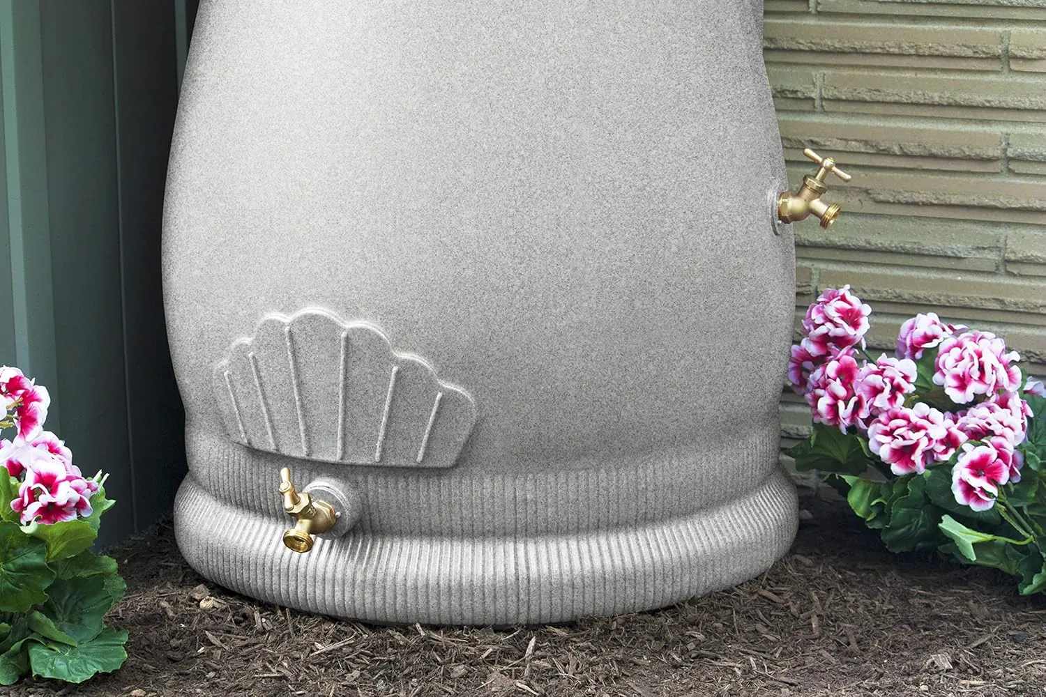 Good Ideas Rain Saver 50 Gallon Urn Shaped Water Storage Barrel with Planter and 2 Metal Spigots, Light Granite