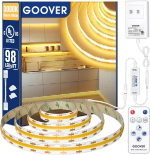 GOOVER COB LED Strip Lights Kit with Remote & 48W Power Supply, DC 12V 3000K Warm White 16.4ft Dimmable Tape Light, 150 LM/FT, 2.2W/FT, CRI 95 , High Density 1600 LEDs, UL Listed for Bedroom Kitchen
