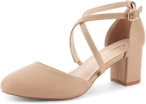 Greatonu Women's Low Block Heeled Dress Pumps Closed Round Toe Cross Strap Wedding Bridal Party Office Shoes 2.5 Inch