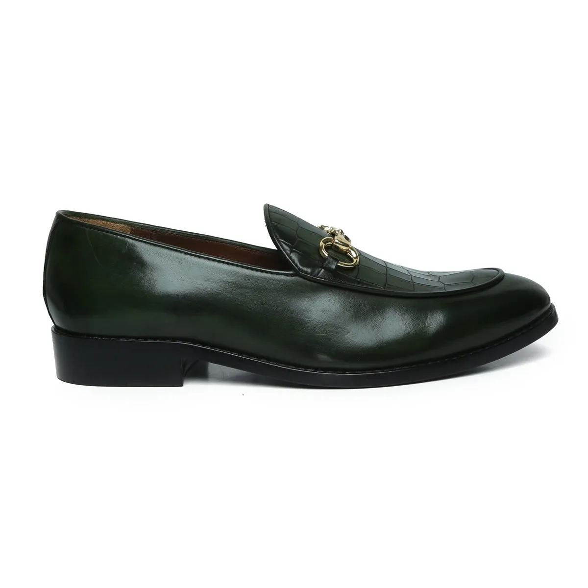 Green Horse-bit Loafers with Deep Cut Croco Leather at Vamp
