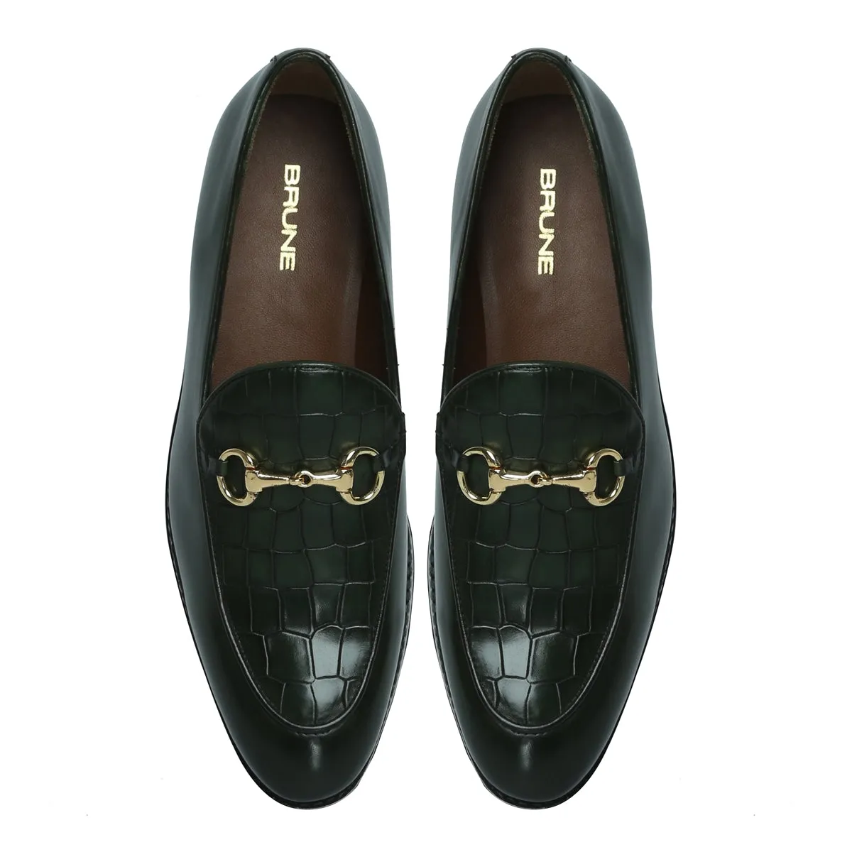 Green Horse-bit Loafers with Deep Cut Croco Leather at Vamp