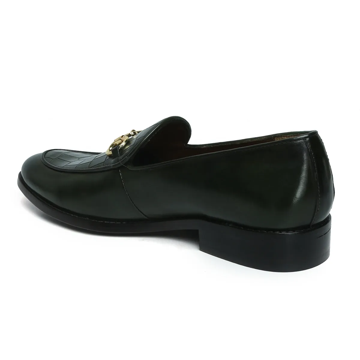 Green Horse-bit Loafers with Deep Cut Croco Leather at Vamp