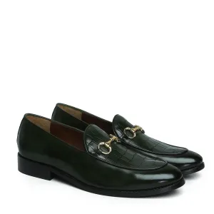 Green Horse-bit Loafers with Deep Cut Croco Leather at Vamp
