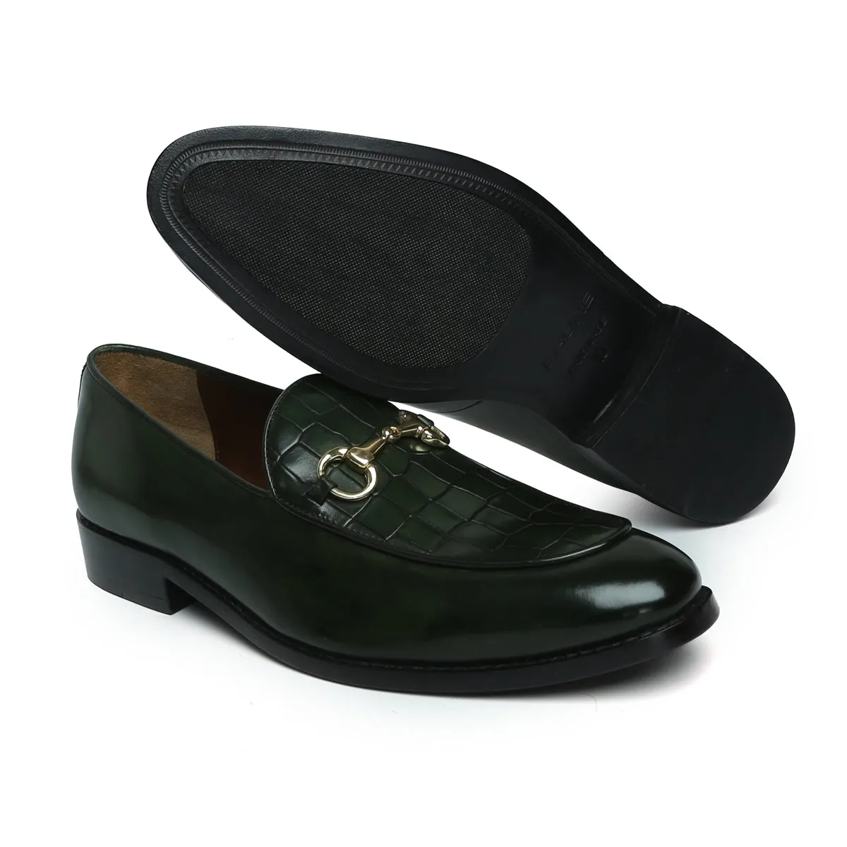 Green Horse-bit Loafers with Deep Cut Croco Leather at Vamp
