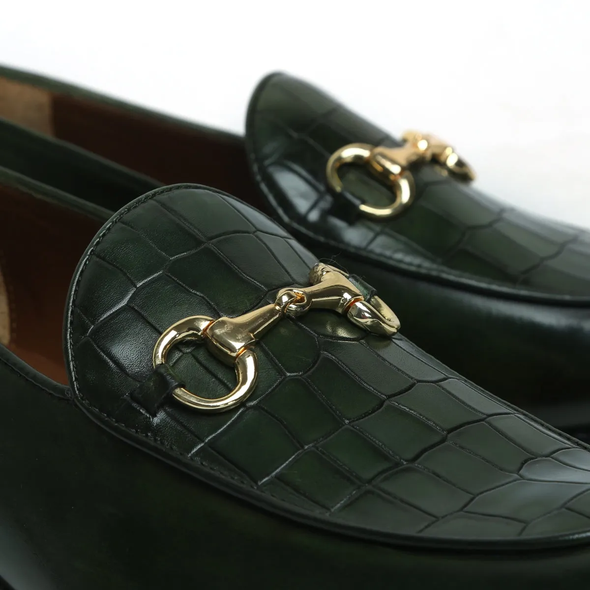 Green Horse-bit Loafers with Deep Cut Croco Leather at Vamp