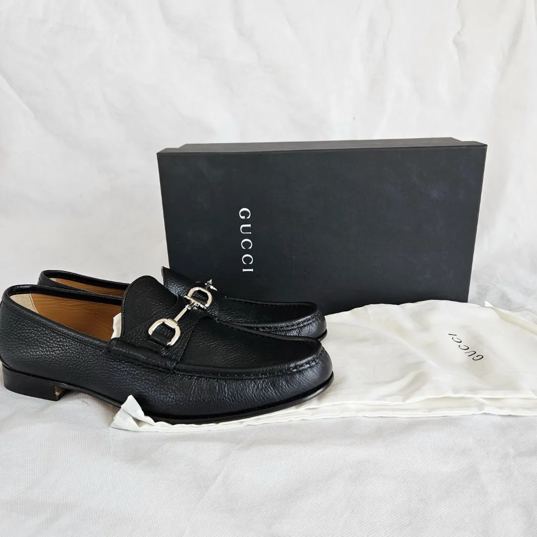 Gucci Black Leather Horsebit Moccasin Loafer Shoes, 12