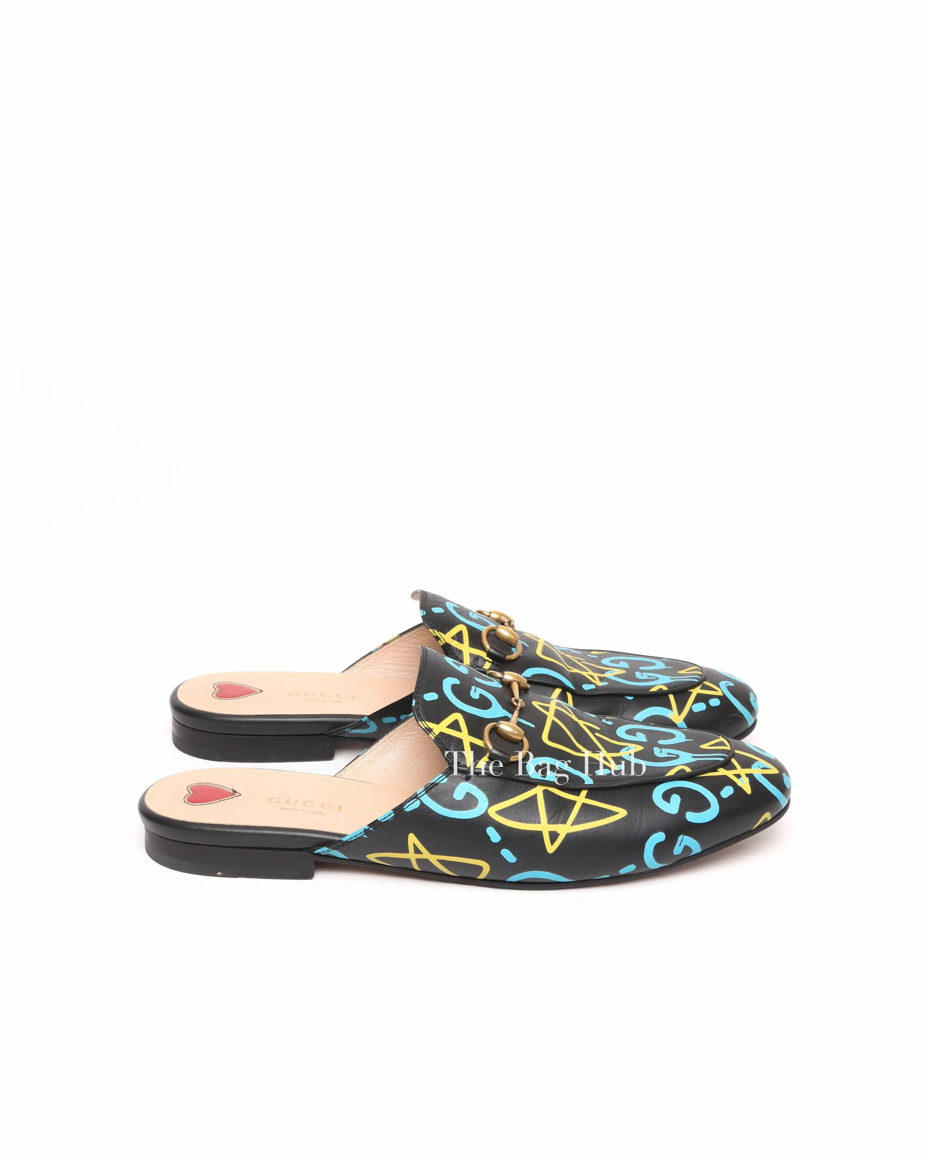 Gucci Black Printed Leather Ghost Princetown Horsebit Loafer Slides Size 39