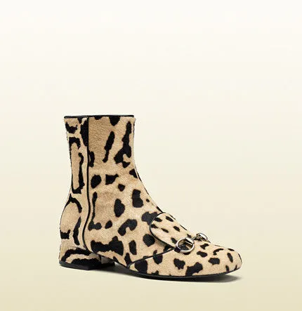 Gucci - Leopard Print Calf Hair Horsebit Ankle Boot