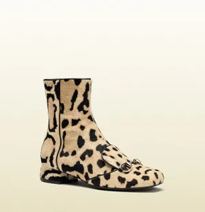 Gucci - Leopard Print Calf Hair Horsebit Ankle Boot