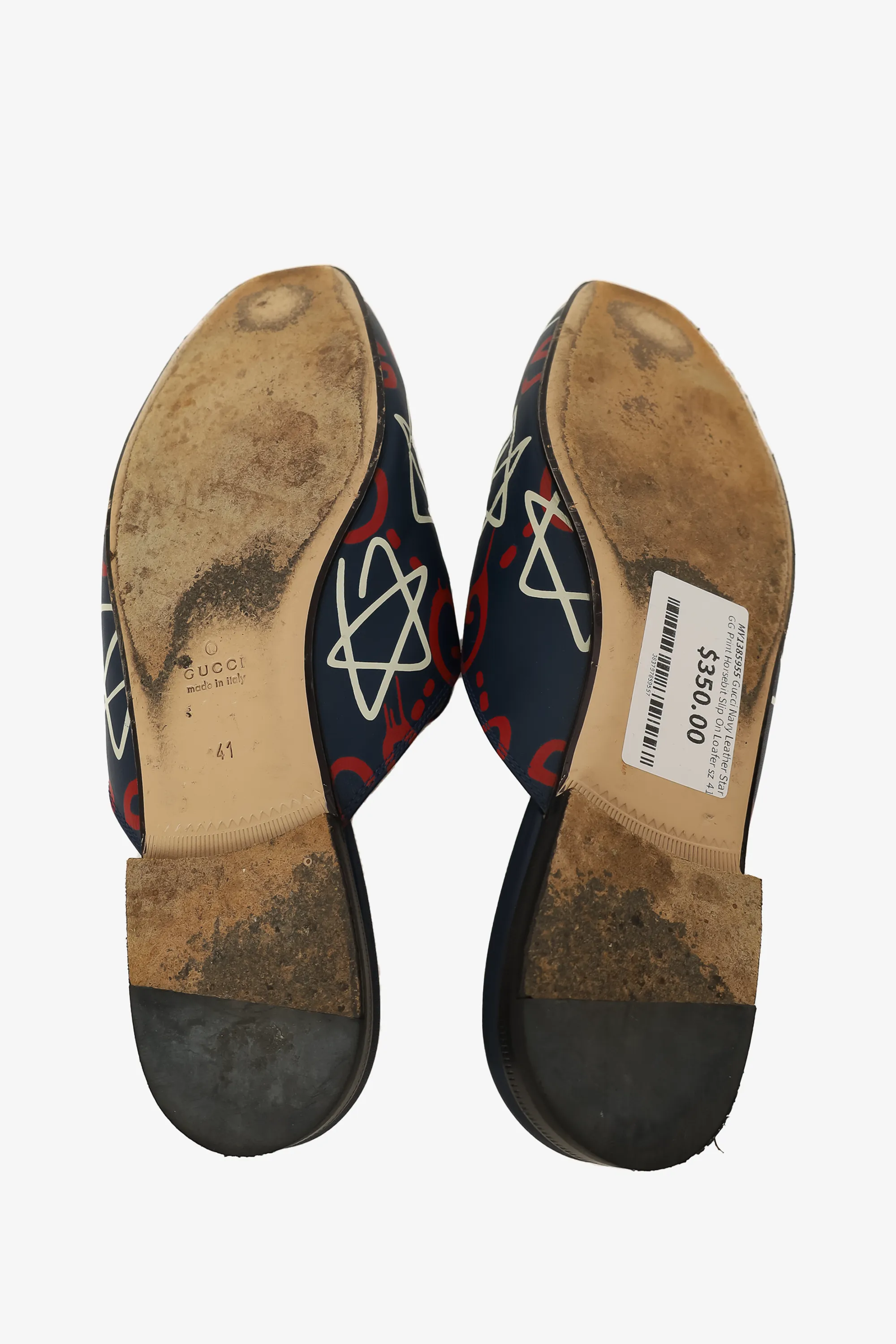 Gucci Navy Leather Star GG Print Horsebit Slip On Loafer Size 41