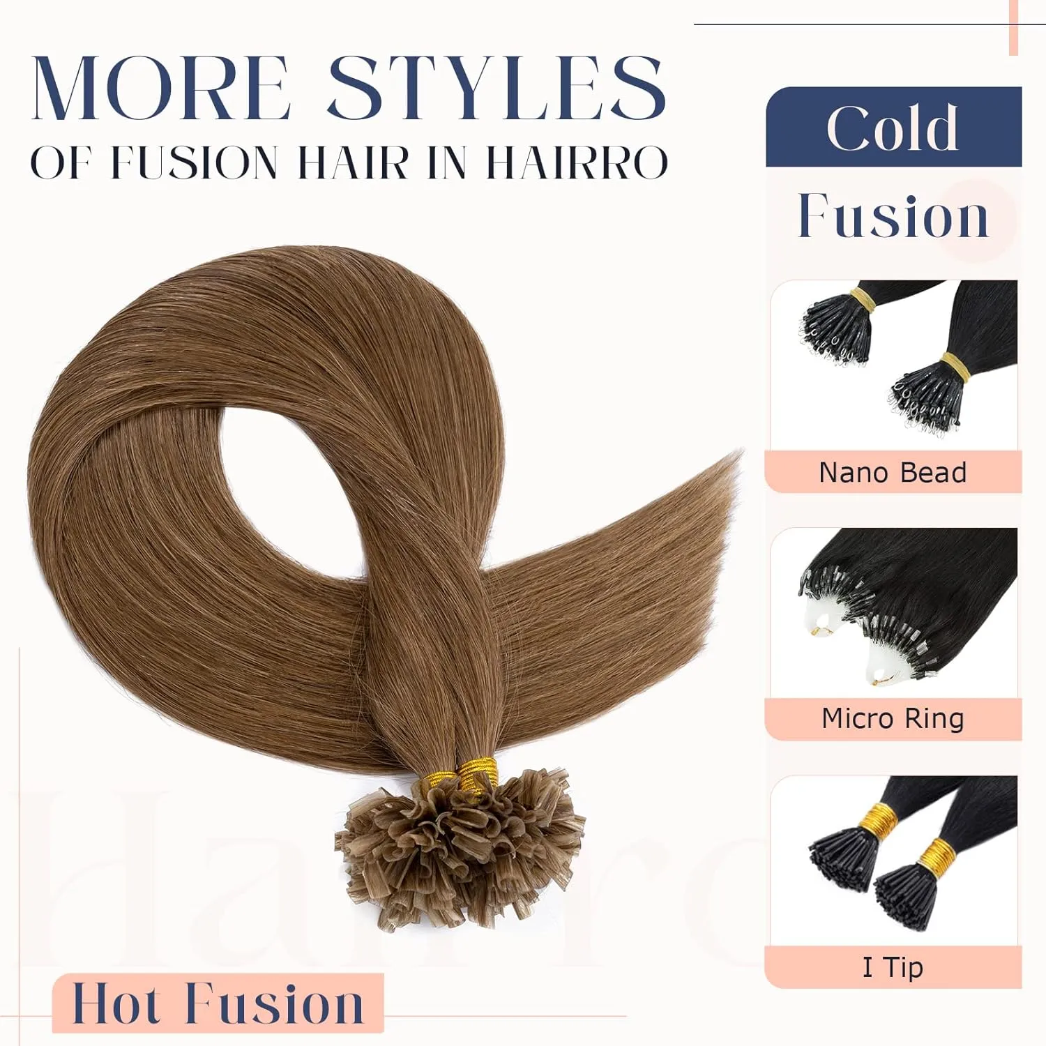 Hairro Fushion Hair Extensions Pre Bonded Keratin Nail Tip U Tip Human Hair Hairpieces Glue Flat Tipped Balayage Hairpiece For Women 100 Strand 14" 50g #06 Light Brown