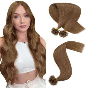 Hairro Fushion Hair Extensions Pre Bonded Keratin Nail Tip U Tip Human Hair Hairpieces Glue Flat Tipped Balayage Hairpiece For Women 100 Strand 14" 50g #06 Light Brown