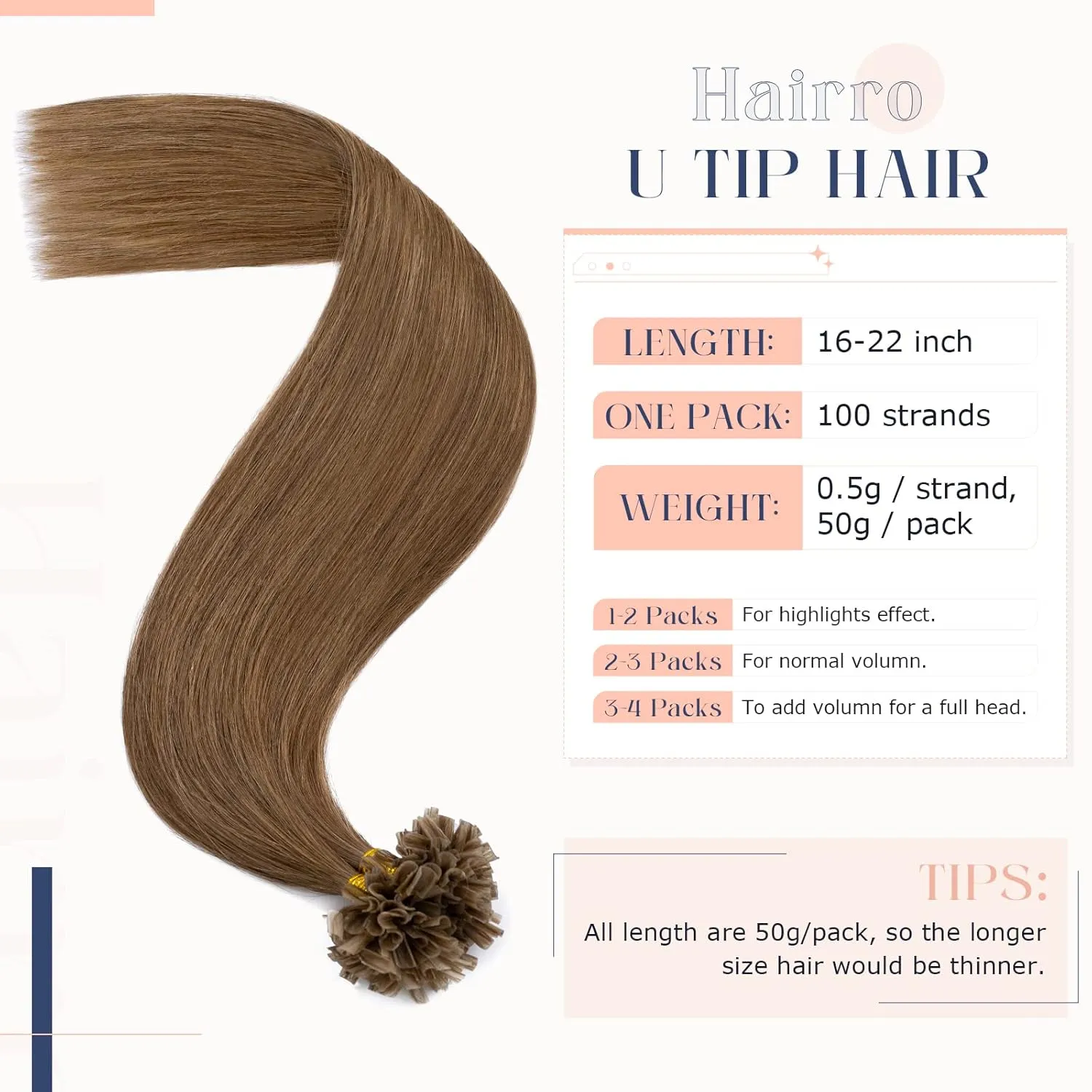 Hairro Fushion Hair Extensions Pre Bonded Keratin Nail Tip U Tip Human Hair Hairpieces Glue Flat Tipped Balayage Hairpiece For Women 100 Strand 14" 50g #06 Light Brown