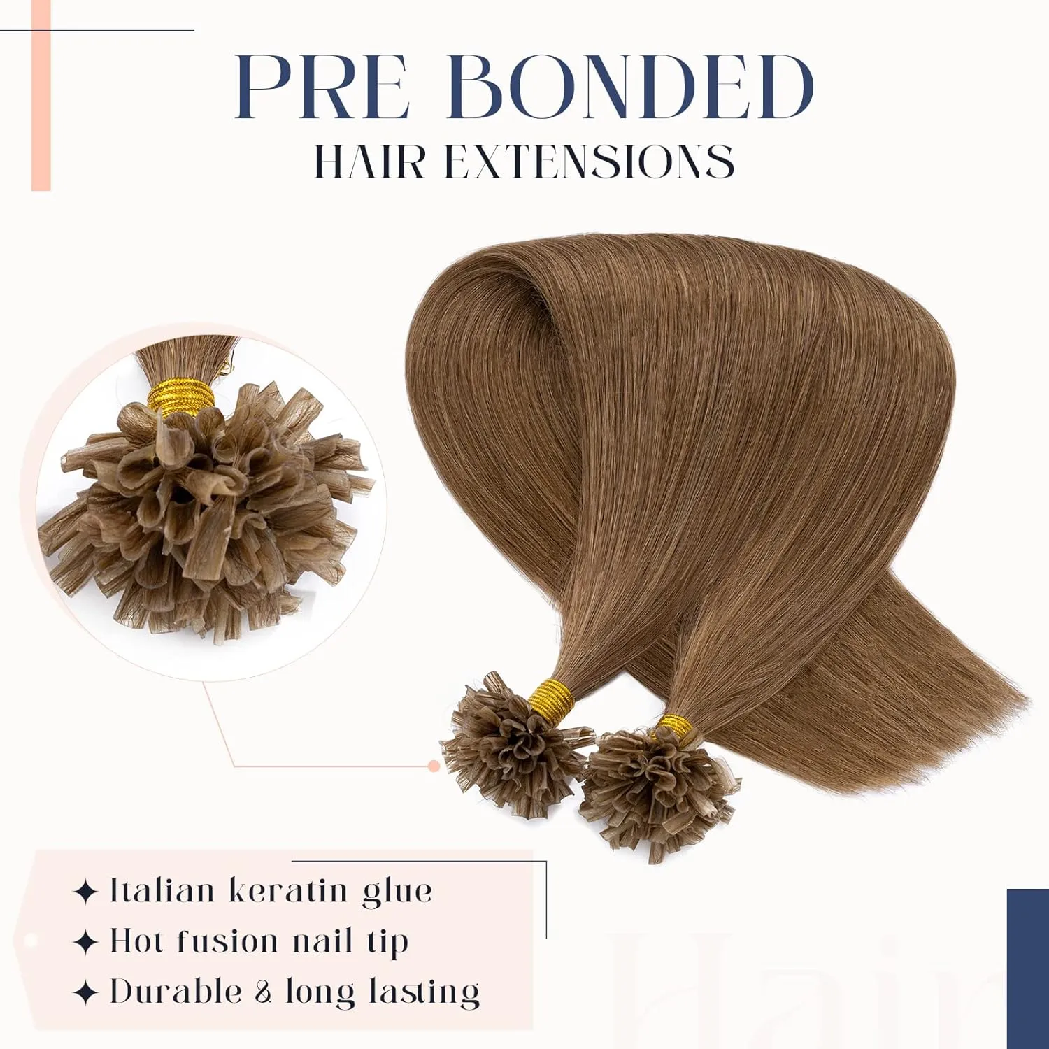 Hairro Fushion Hair Extensions Pre Bonded Keratin Nail Tip U Tip Human Hair Hairpieces Glue Flat Tipped Balayage Hairpiece For Women 100 Strand 14" 50g #06 Light Brown