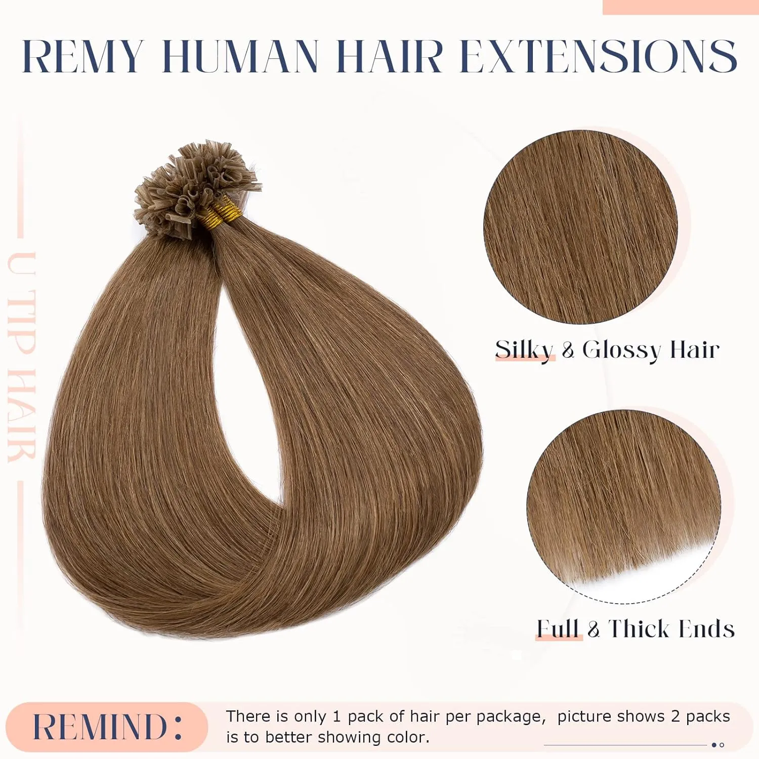 Hairro Fushion Hair Extensions Pre Bonded Keratin Nail Tip U Tip Human Hair Hairpieces Glue Flat Tipped Balayage Hairpiece For Women 100 Strand 14" 50g #06 Light Brown
