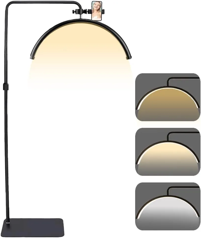 Half Moon Light- LED Dimmable Floor Lamp with Phone Holder for Eyelash Extension, Tattoo Artists, Beauty, Skincare, Adjustable Brightness & Height Lash Light,Cool/Warm Lighting