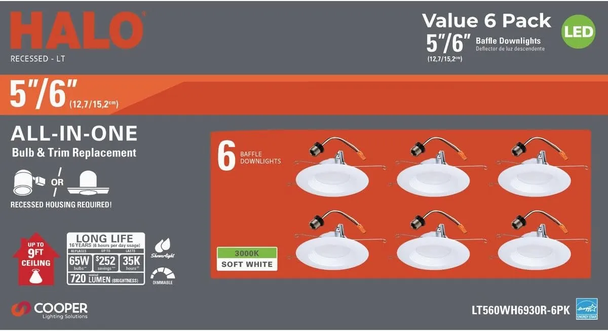 HALO 6 inch Recessed LED Can Light – Retrofit Ceiling & Shower Downlight – 3000K - Baffle White Trim (6 Pack)