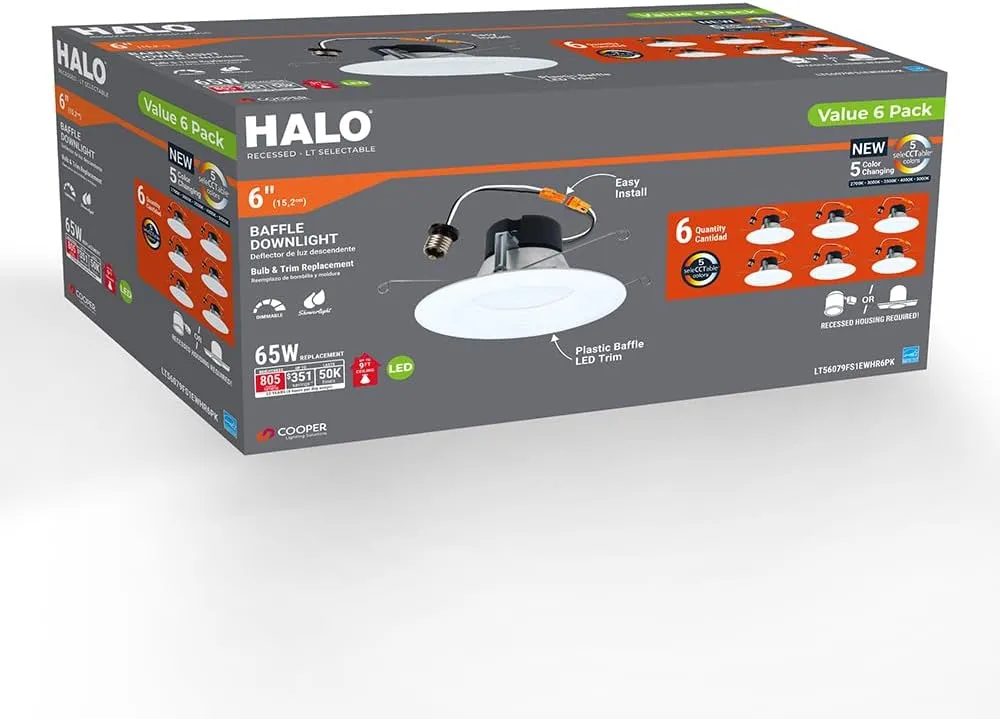 HALO LT 5/6 Inch in/Outdoor Recessed LED Trim Can Light, 5CCT 2700K/3000K/3500K/4000k/5000K, 6-Pack, LT56079FS1EWHR6PK
