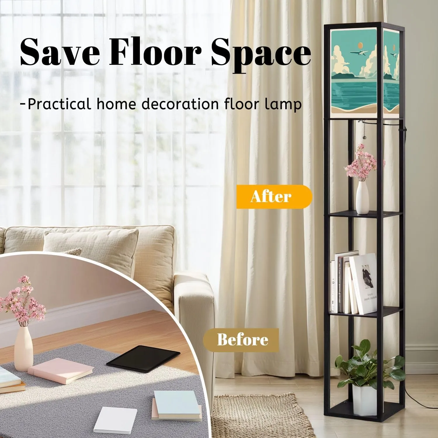 Hand Drawn Landscape sea Sky Summer Seascape Flat Style Photo Floor Lamps with Shelves, Modern Standing Lamp Narrow Corner Display Bookshelf Lamp for Living Room, Bedroom, Office Decor