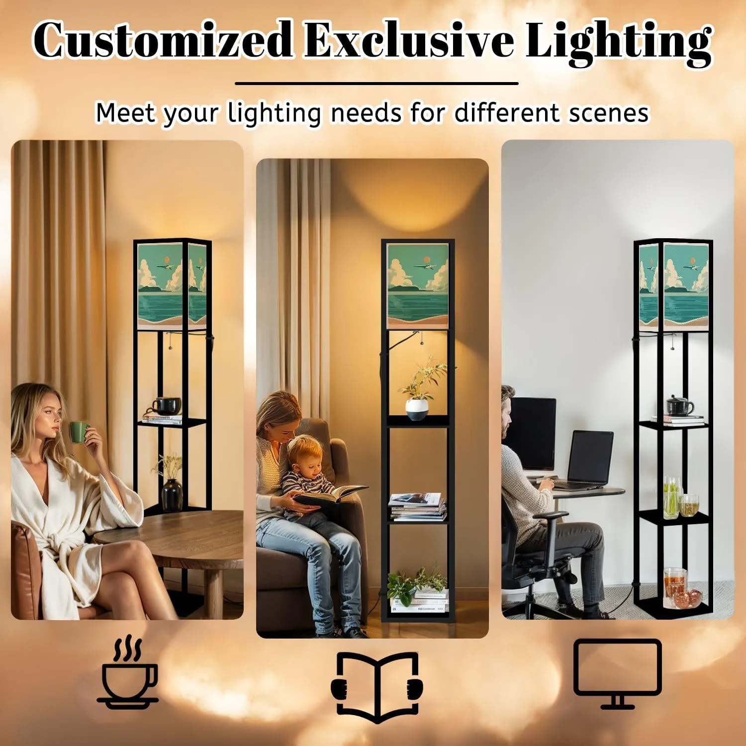 Hand Drawn Landscape sea Sky Summer Seascape Flat Style Photo Floor Lamps with Shelves, Modern Standing Lamp Narrow Corner Display Bookshelf Lamp for Living Room, Bedroom, Office Decor