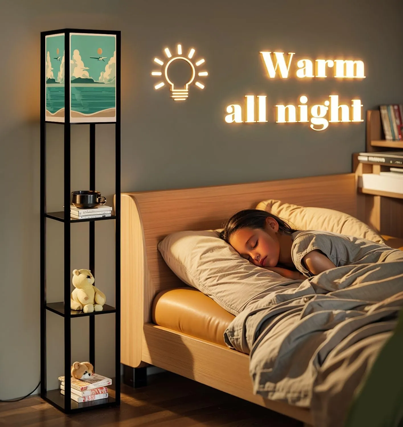Hand Drawn Landscape sea Sky Summer Seascape Flat Style Photo Floor Lamps with Shelves, Modern Standing Lamp Narrow Corner Display Bookshelf Lamp for Living Room, Bedroom, Office Decor