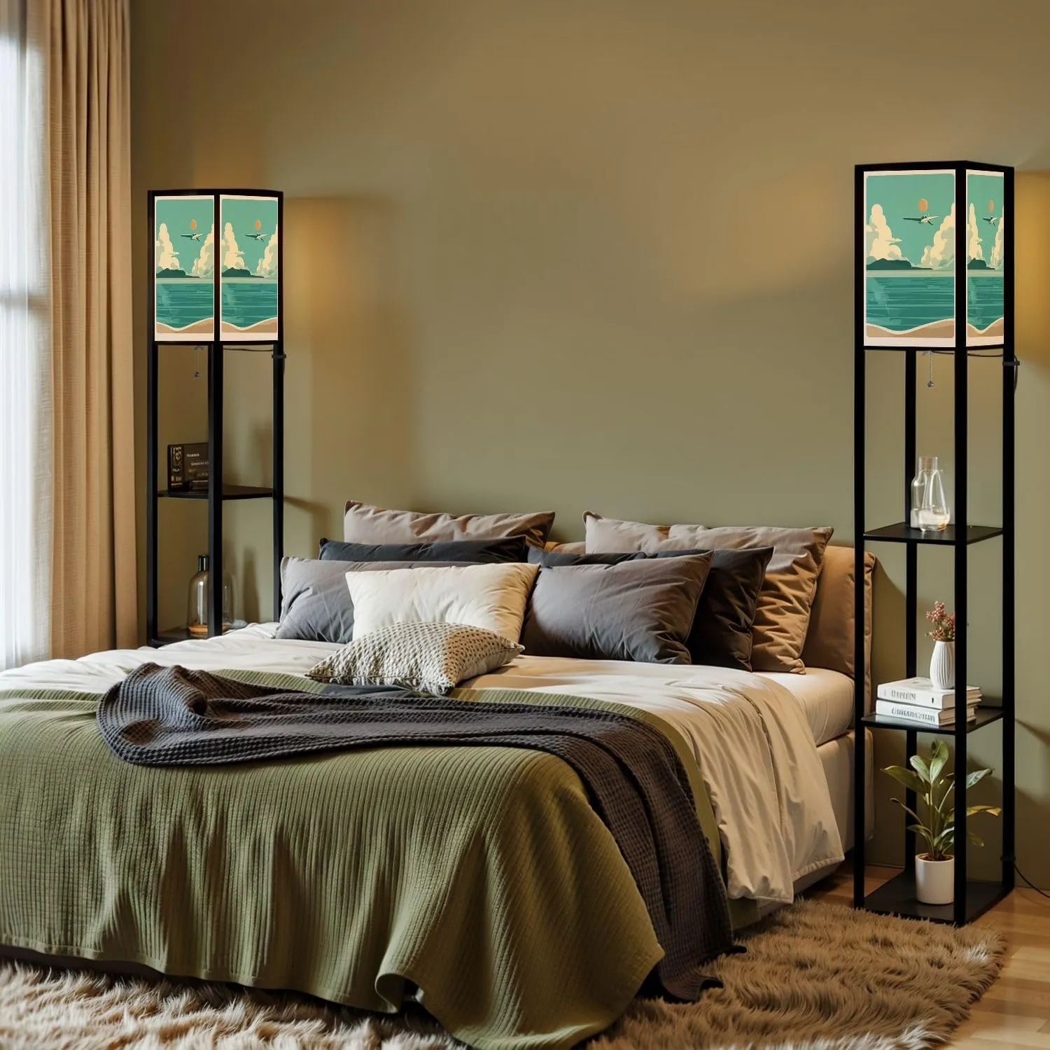 Hand Drawn Landscape sea Sky Summer Seascape Flat Style Photo Floor Lamps with Shelves, Modern Standing Lamp Narrow Corner Display Bookshelf Lamp for Living Room, Bedroom, Office Decor