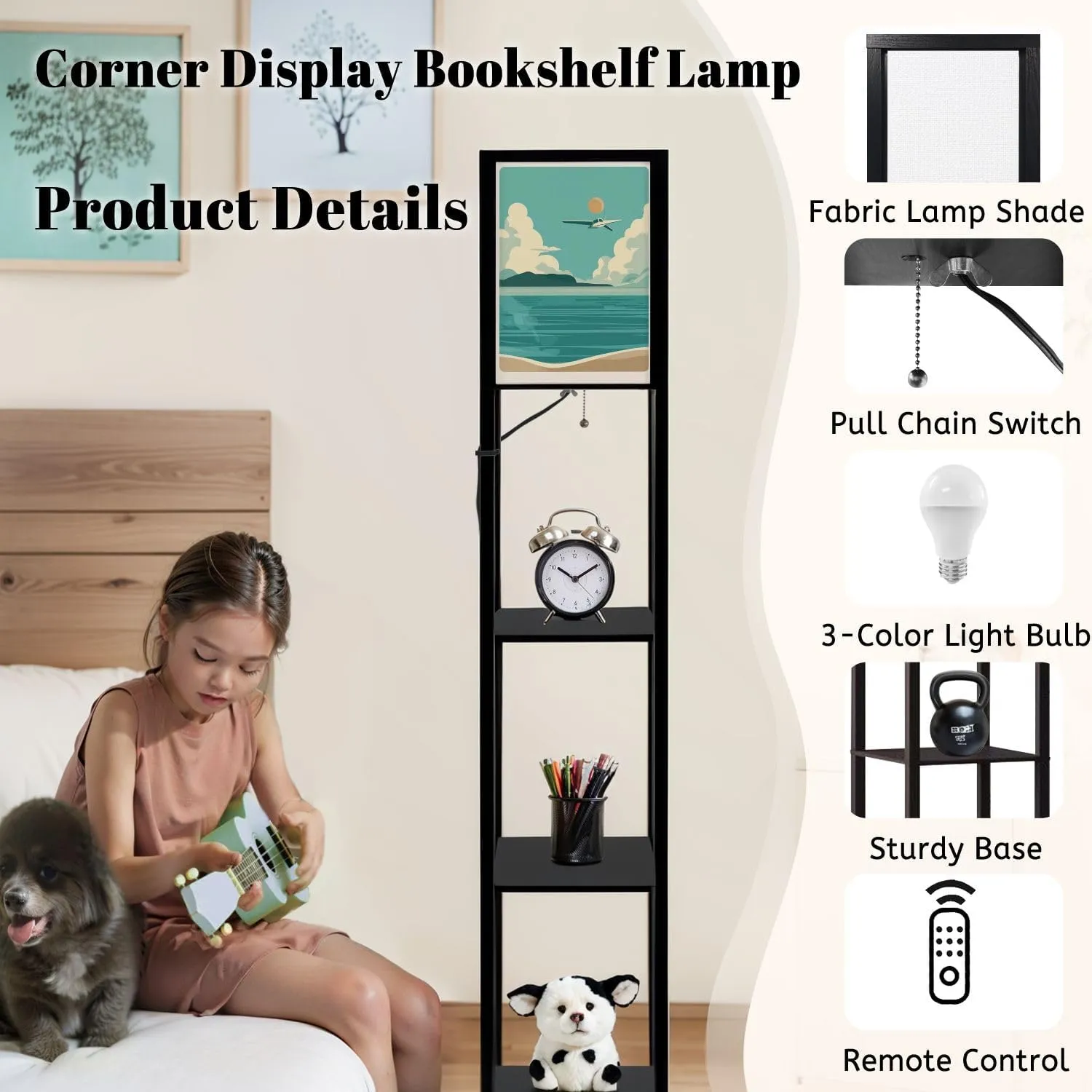 Hand Drawn Landscape sea Sky Summer Seascape Flat Style Photo Floor Lamps with Shelves, Modern Standing Lamp Narrow Corner Display Bookshelf Lamp for Living Room, Bedroom, Office Decor