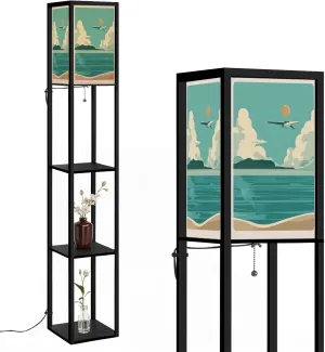 Hand Drawn Landscape sea Sky Summer Seascape Flat Style Photo Floor Lamps with Shelves, Modern Standing Lamp Narrow Corner Display Bookshelf Lamp for Living Room, Bedroom, Office Decor