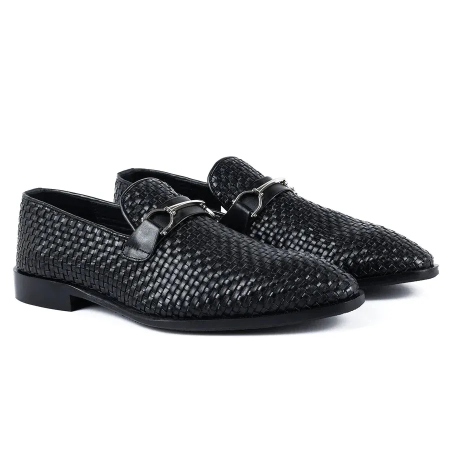 Handmade Men's Black Hand Knitted Leather Moccasins
