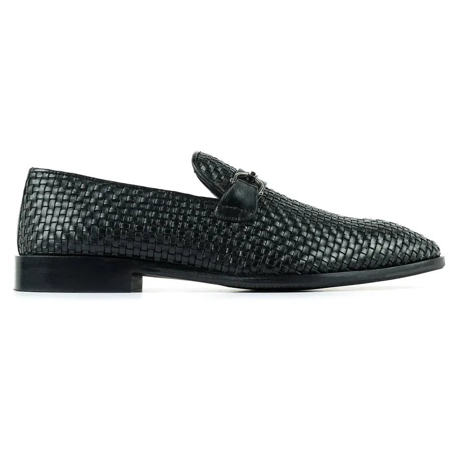 Handmade Men's Black Hand Knitted Leather Moccasins
