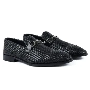 Handmade Men's Black Hand Knitted Leather Moccasins