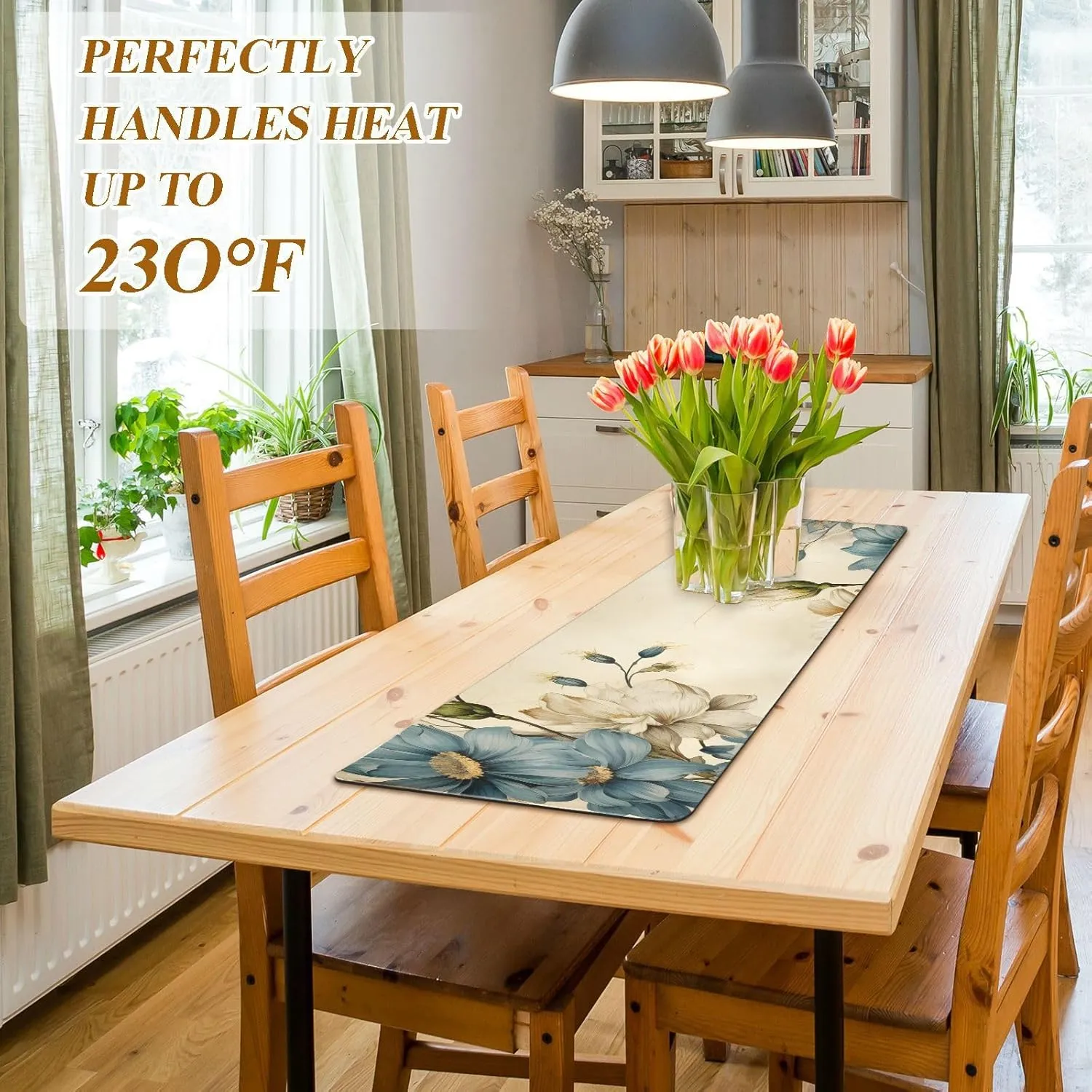 Heat Resistant Table Runner&Trivet Runners Anti Slip Waterproof Trivets for Hot Dishes and Pans Kitchen Farmhouse Wedding Party Countertops Decoration 12X39 in Beige Flower